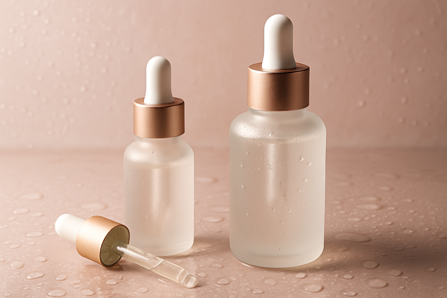 PDRN and exosome serum bottles on wet glass — K-beauty repair ingredients guide at Oseila Beauty