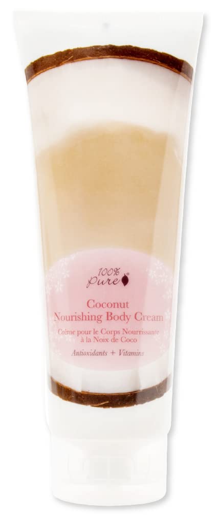 100% PURE Nourishing Body Cream coconut lotion bottle for rich hydration.
