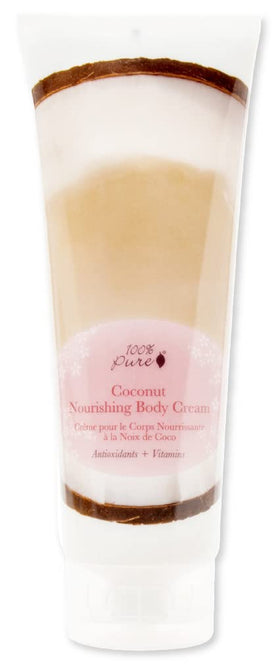 100% PURE Nourishing Body Cream coconut lotion bottle for rich hydration.