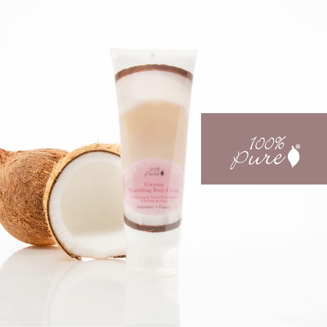 Packaging of 100% PURE Nourishing Body Cream coconut lotion highlights vegan skincare.
