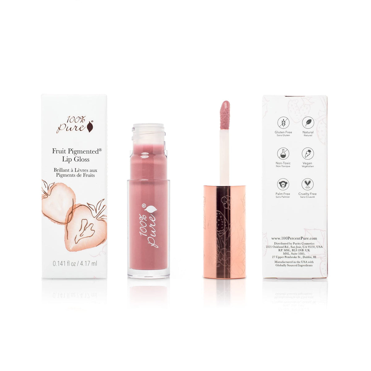 100% PURE Lip Gloss high shine with pomegranate oil for a mirror-like finish.