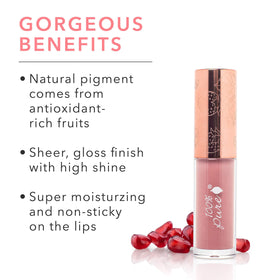 100% PURE Lip Gloss moisturizing formula with vitamin E and cocoa butter for hydrated lips.