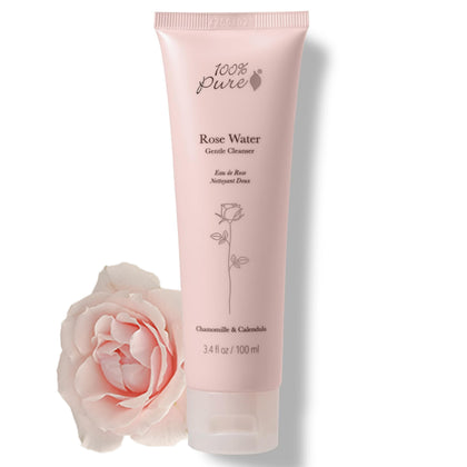 The 100% PURE Rose Water Gel Cleanser bottle shown for gentle daily hydration.