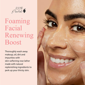 A close-up showing 100% PURE Rose Water Gel Cleanser foam for a light, refreshing lather.