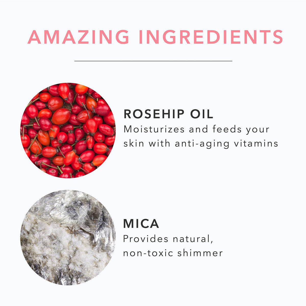 Close-up of base ingredients in 100% PURE Berry Naked Palette: rosehip oil and avocado butter