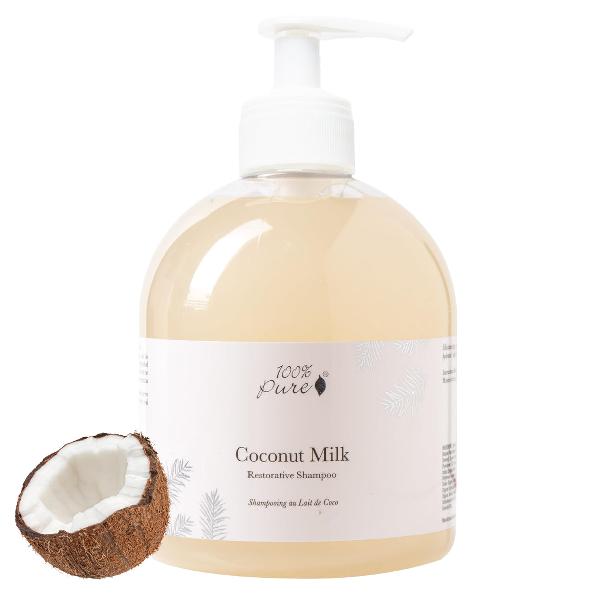 100% PURE Coconut Milk Restorative Shampoo bottle with rich lather for damaged hair