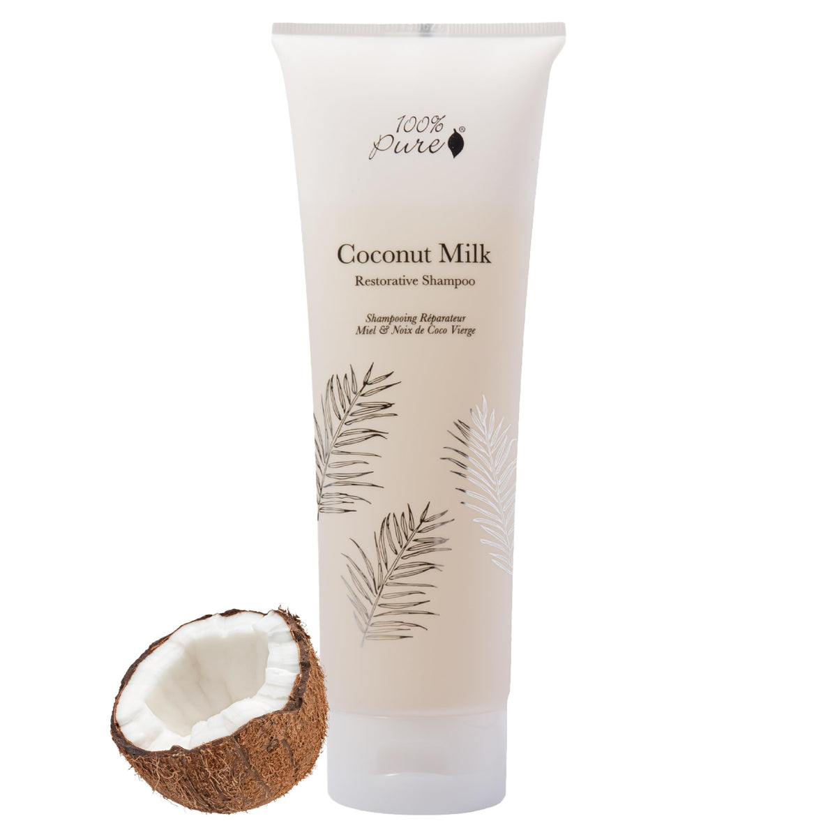 100% PURE Coconut Milk Restorative Shampoo bottle showing gentle hydration for hair
