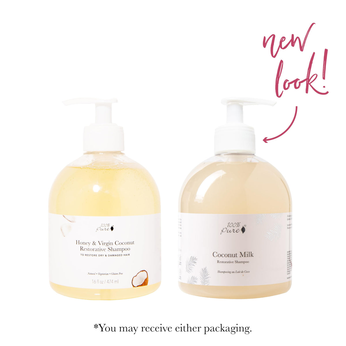 100% PURE Coconut Milk Restorative Shampoo bottle highlighting rose hydrosol and vitamin E for moisture