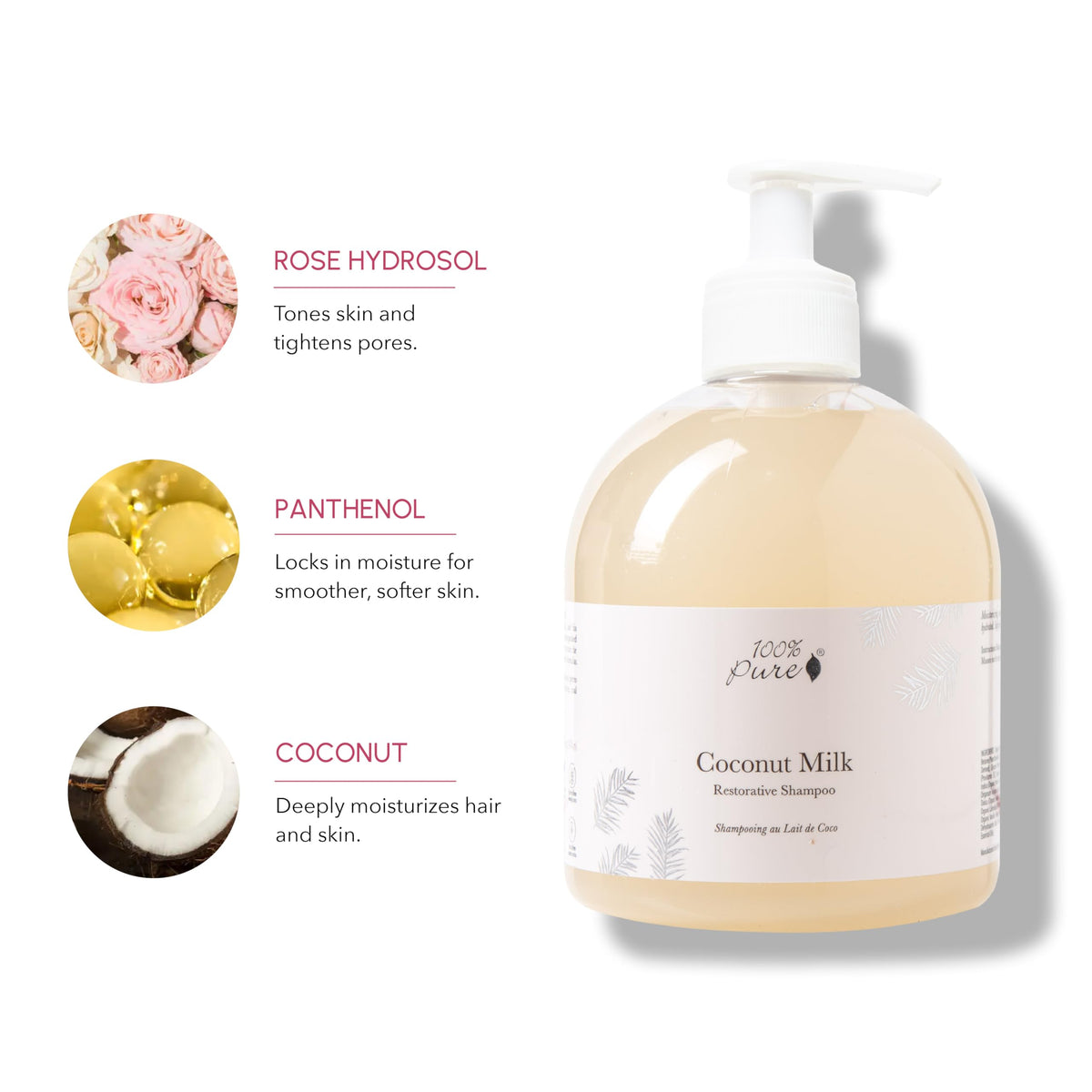100% PURE Coconut Milk Restorative Shampoo bottle on shelf promoting gentle detox for dry hair