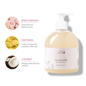 100% PURE Coconut Milk Restorative Shampoo bottle on shelf promoting gentle detox for dry hair