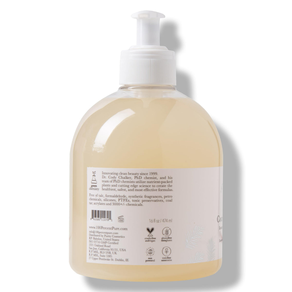 100% PURE Coconut Milk Restorative Shampoo ingredients panel highlights vegan and gluten-free formulation