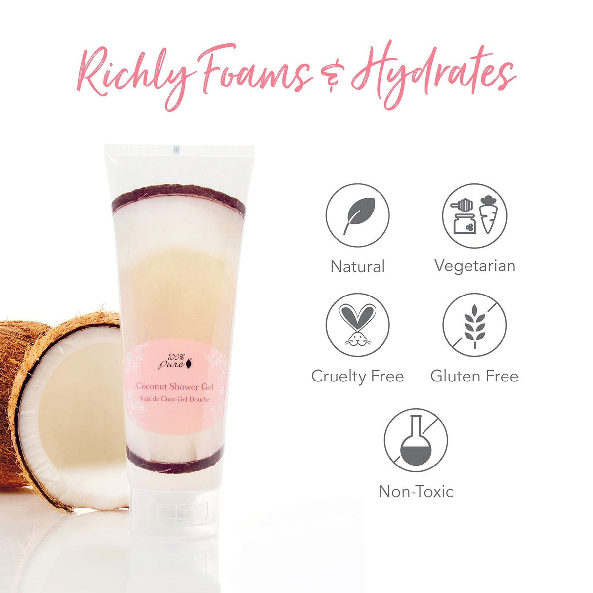 Gluten-free and vegan formulation highlighted on 100% PURE Coconut Shower Gel packaging.