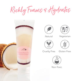 Gluten-free and vegan formulation highlighted on 100% PURE Coconut Shower Gel packaging.