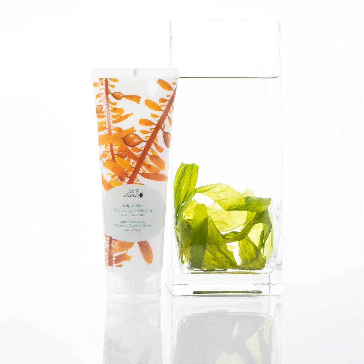 100% PURE Kelp & Mint conditioner ingredients close-up featuring green tea and avocado butter