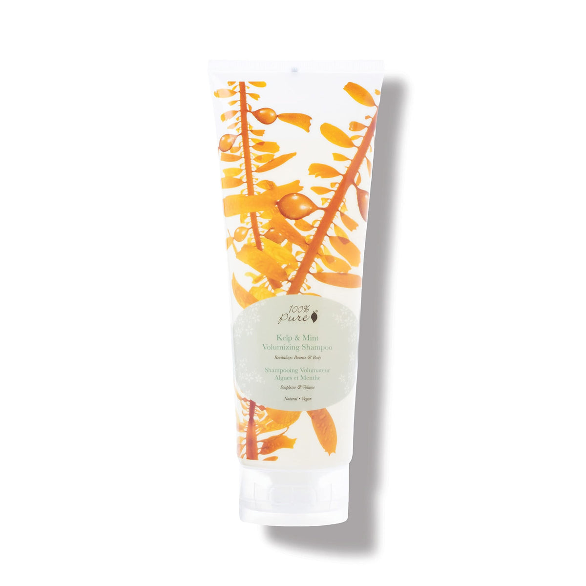 100% PURE Kelp & Mint Shampoo bottle showing volumizing cleanse for dull hair.