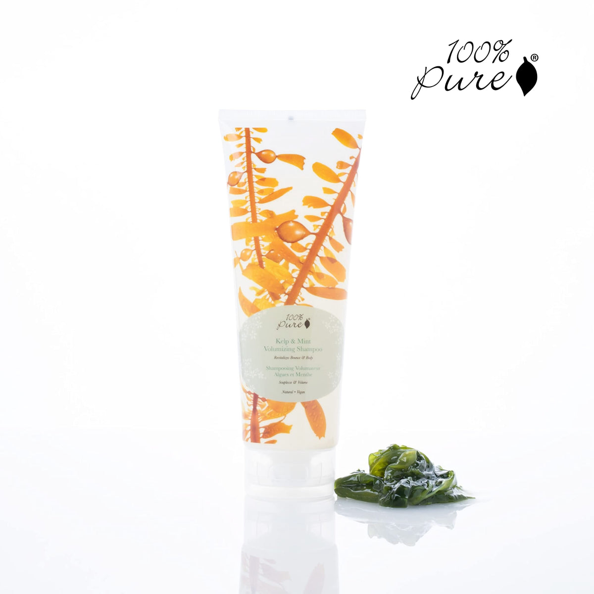 Green tea notes in 100% PURE Kelp & Mint Shampoo promoting shine.