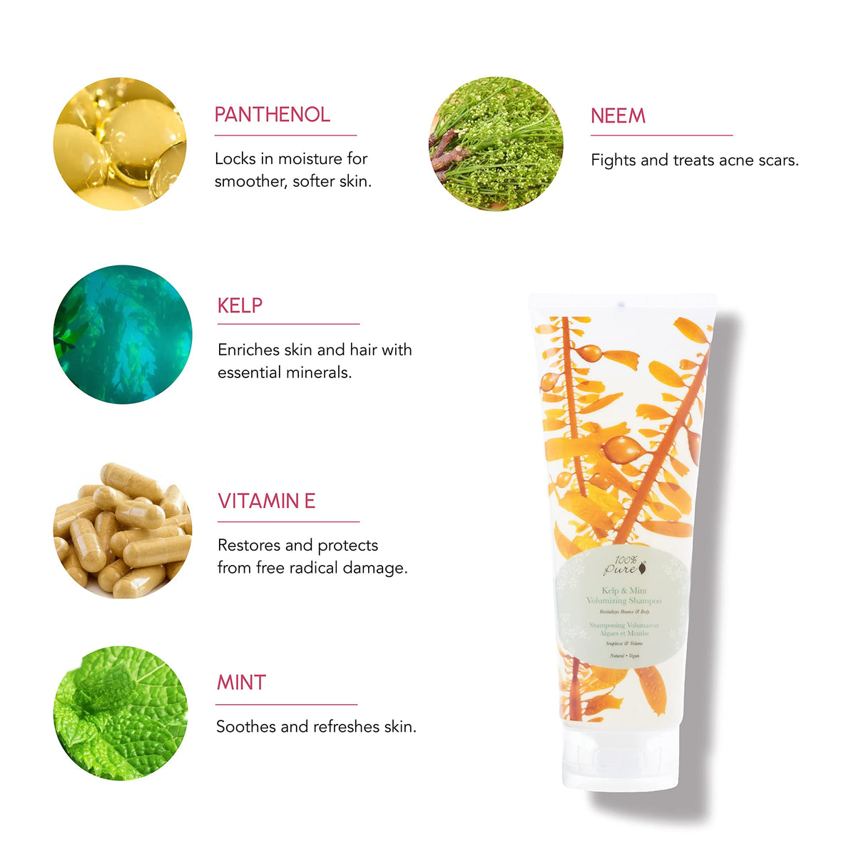 Front label of 100% PURE Kelp & Mint Shampoo highlighting sulfate-free formula.