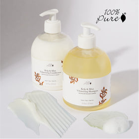 100% PURE Kelp & Mint Volumizing Shampoo bathroom scene captures a minty scent