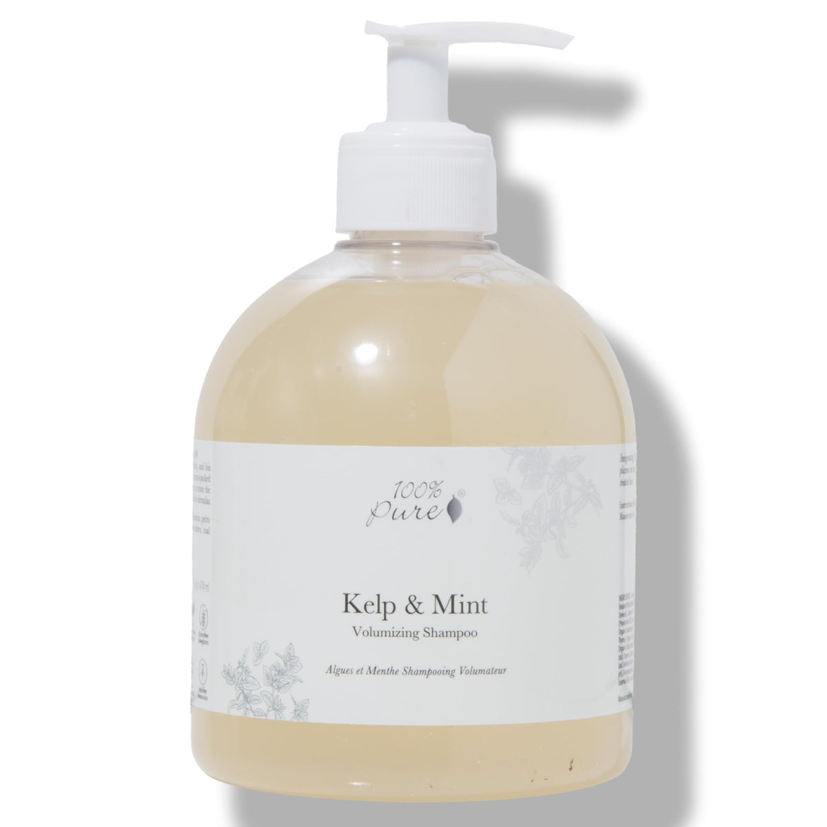 100% PURE Kelp & Mint Volumizing Shampoo bottle pour adds body to limp hair