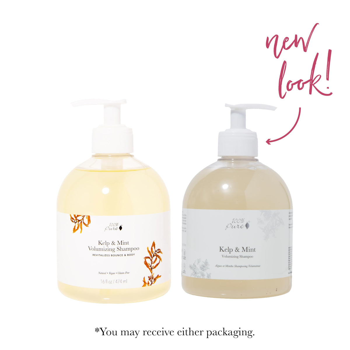 100% PURE Kelp & Mint Volumizing Shampoo label close-up shows natural ingredients