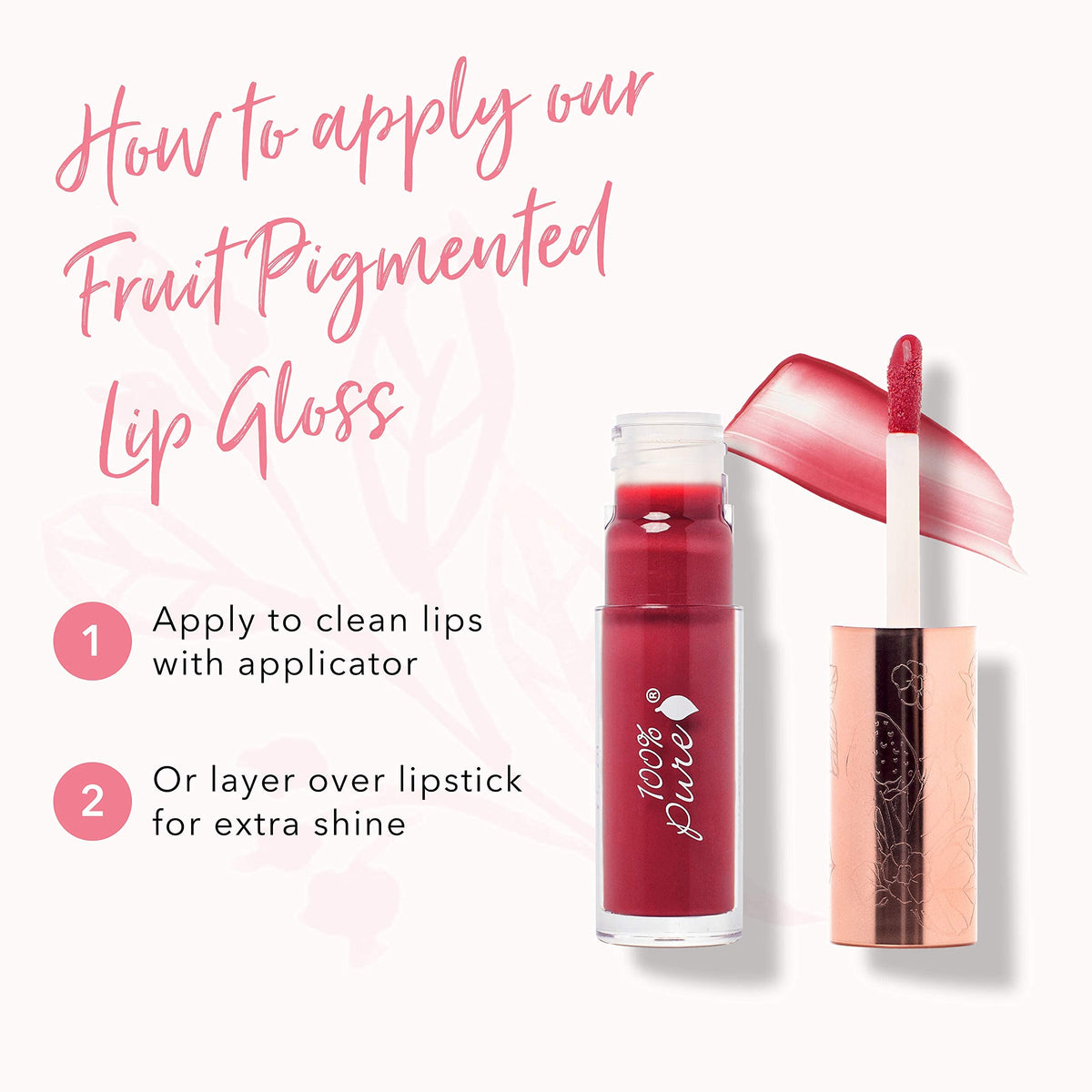 100% PURE Lip Gloss Pomegranate Wine on lips provides soft, non-sticky feel.