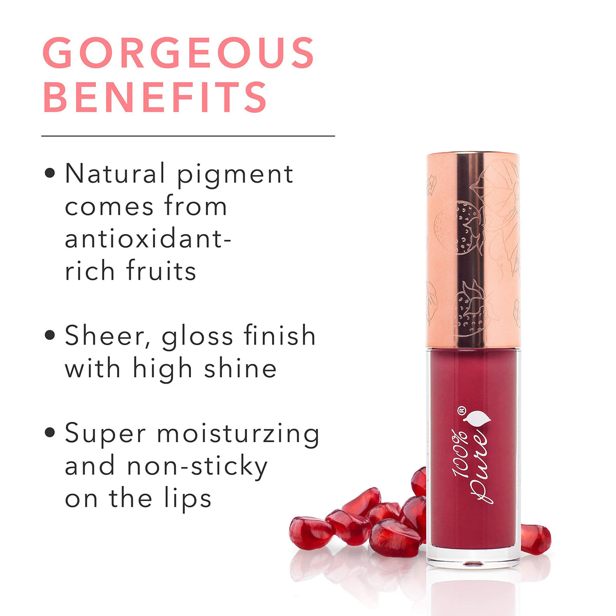 100% PURE Lip Gloss Pomegranate Wine swirls on lips for semi-sheer berry color.