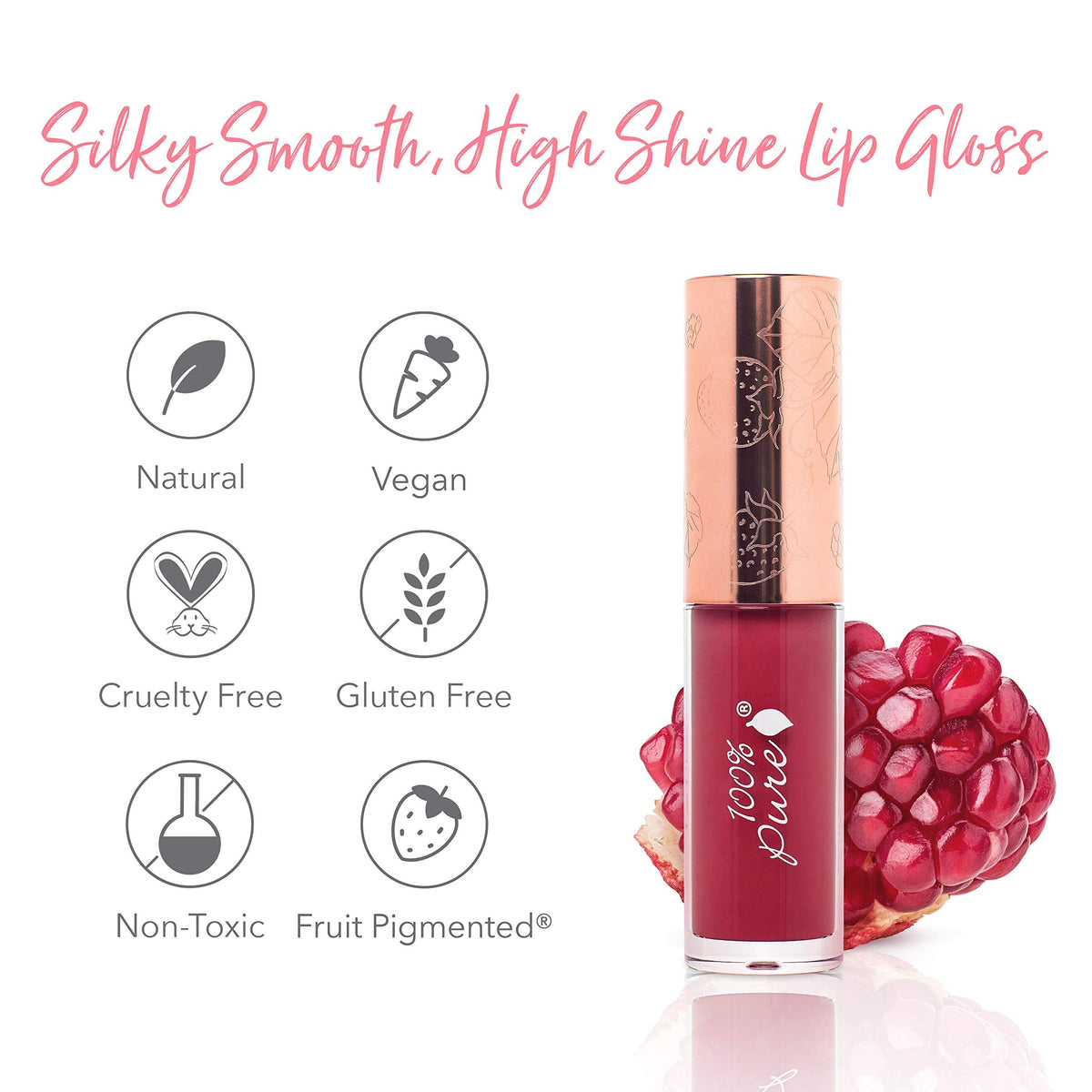 100% PURE Lip Gloss Pomegranate Wine cocoa butter and Vitamin E benefits on lips.