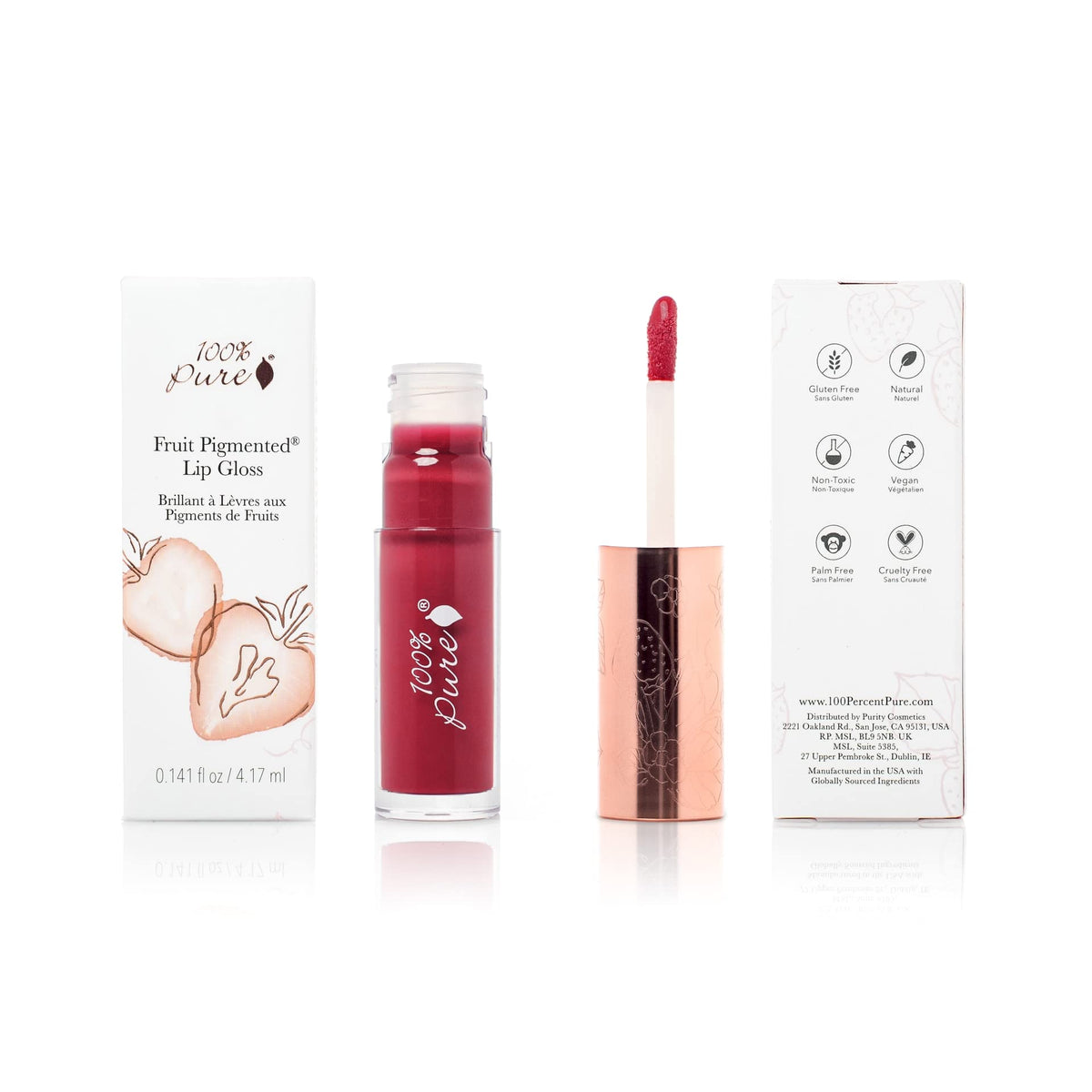100% PURE Lip Gloss Pomegranate Wine wand application highlights creamy texture and glide.
