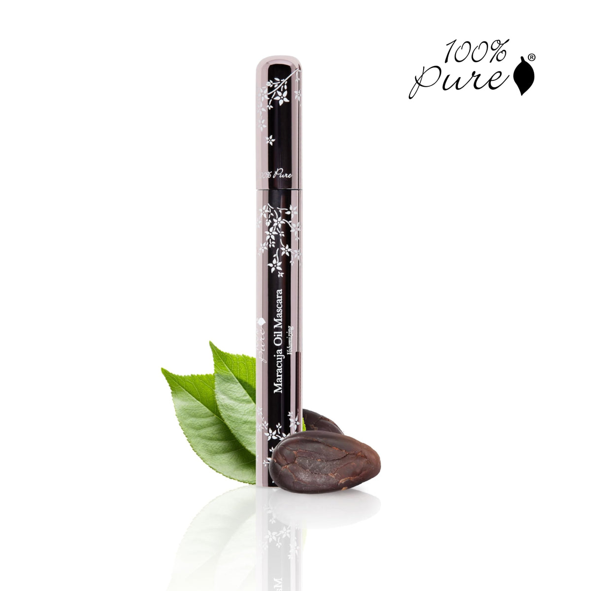 100% PURE Maracuja Oil Mascara tube and label highlighting vegan, cruelty-free craftsmanship