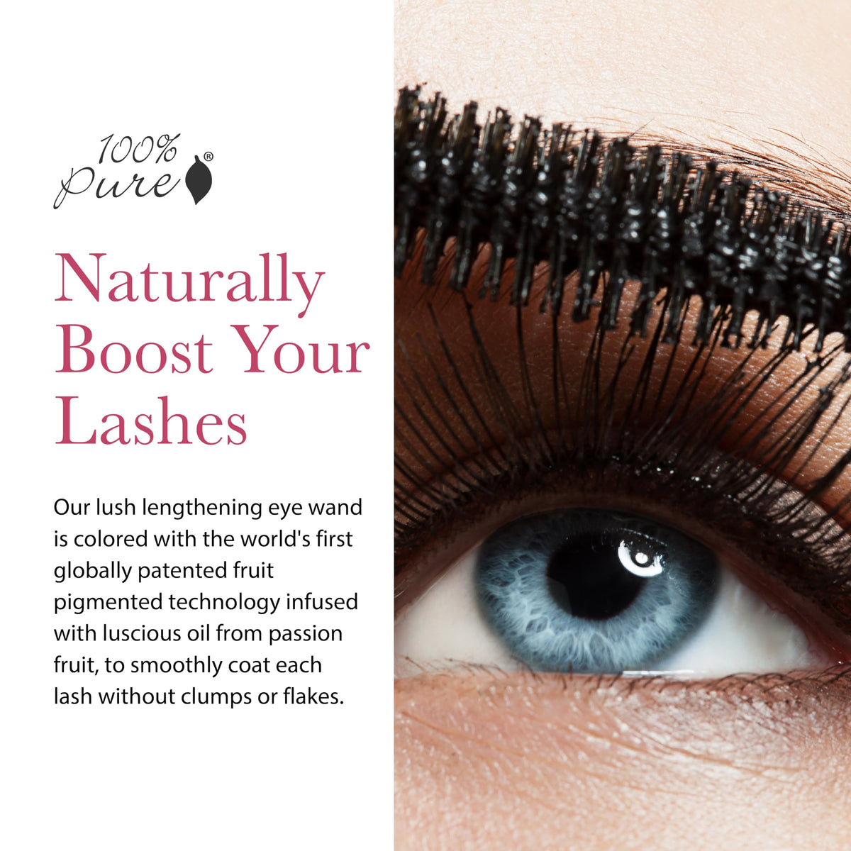 Close-up of 100% PURE Maracuja Oil Mascara wand for smooth, clump-free application