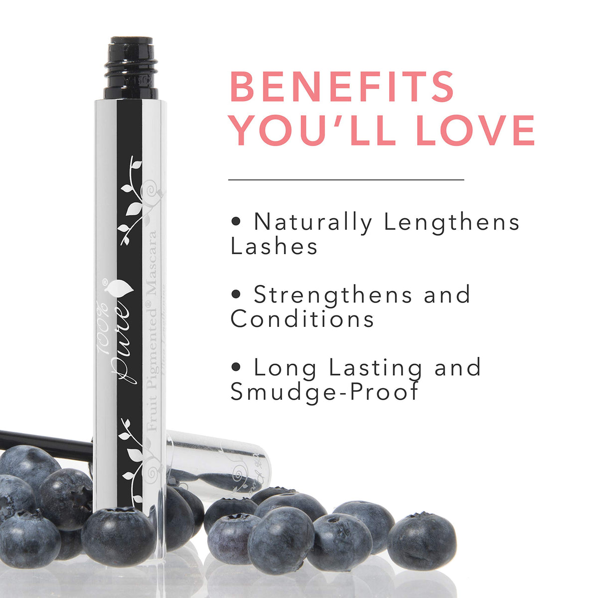 100% PURE Ultra Lengthening Mascara blueberry shade provides rich, clump-free color.
