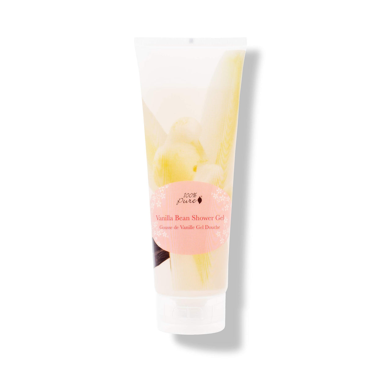 100% PURE Vanilla Bean Shower Gel bottle delivers rich hydration and gentle cleansing.