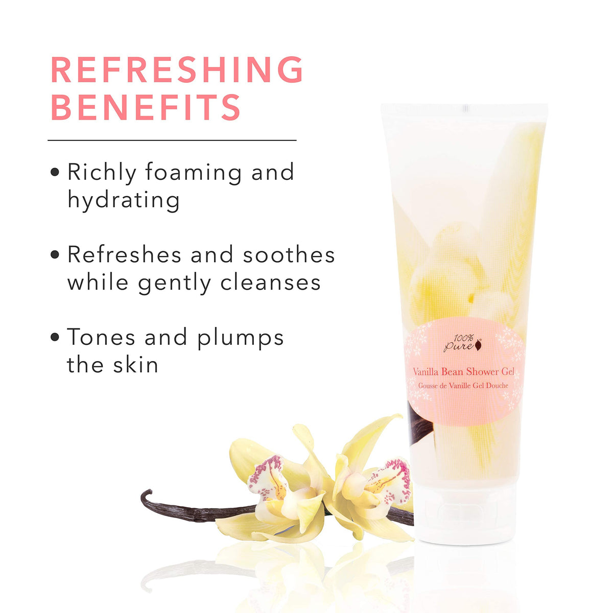 Creamy foam from 100% PURE Vanilla Bean Shower Gel envelops skin for a luxurious cleanse.