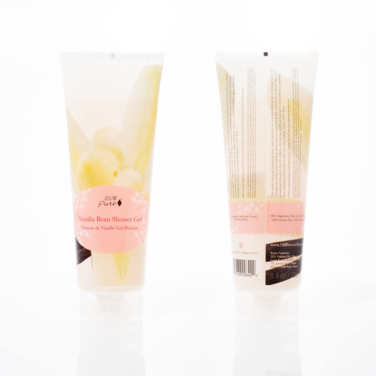 100% PURE Vanilla Bean Shower Gel with pump top for easy, mess-free lather.