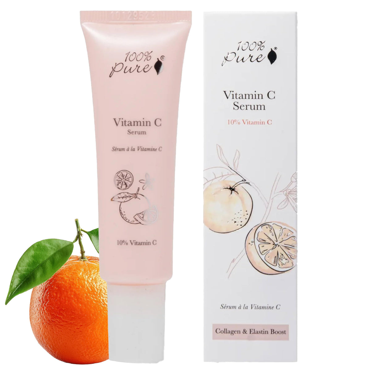 100% PURE Vitamin C serum bottle showing hydrating glow for radiant skin.