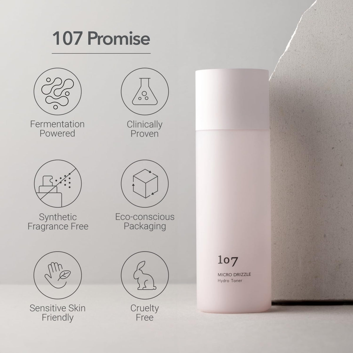 107 Hyaluronic Acid Toner on bathroom shelf for easy daily use.