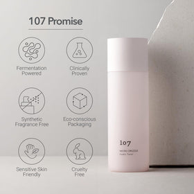 107 Hyaluronic Acid Toner on bathroom shelf for easy daily use.