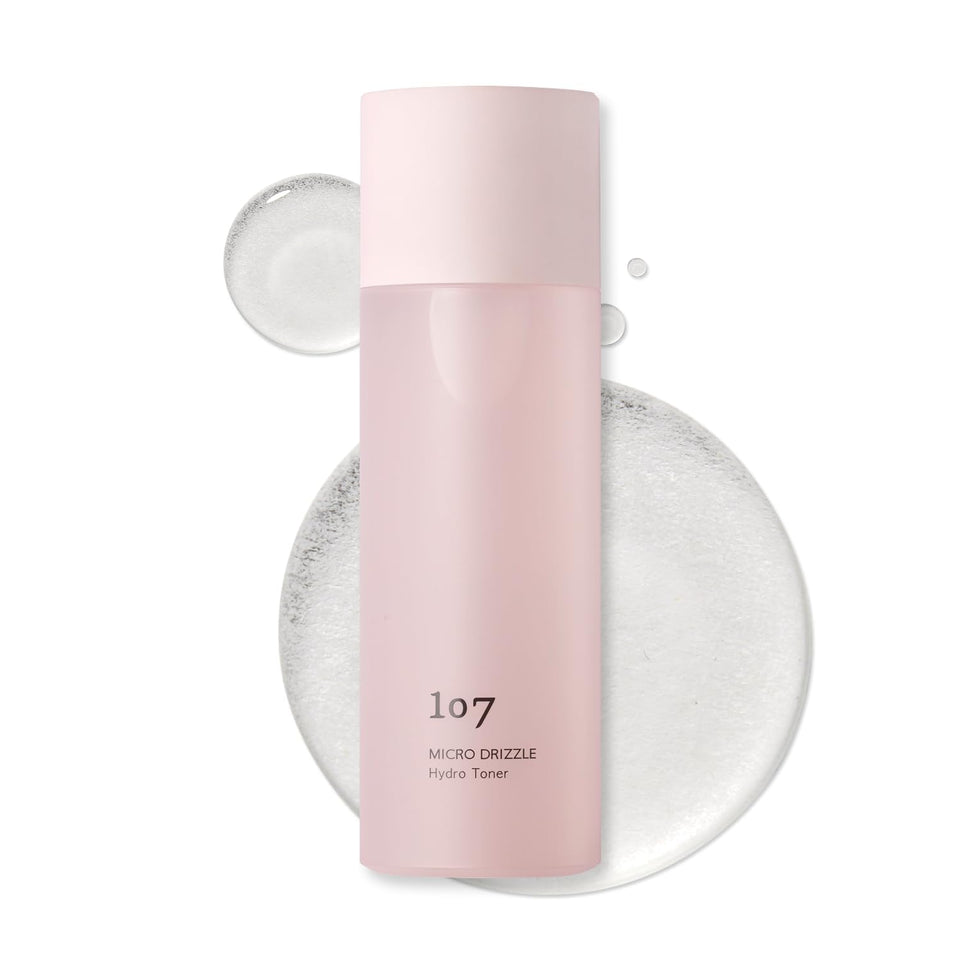 107 Hyaluronic Acid Toner bottle highlights lightweight hydration for dry skin.