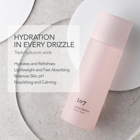 107 Hyaluronic Acid Toner label closeup shows clean, cruelty-free branding.