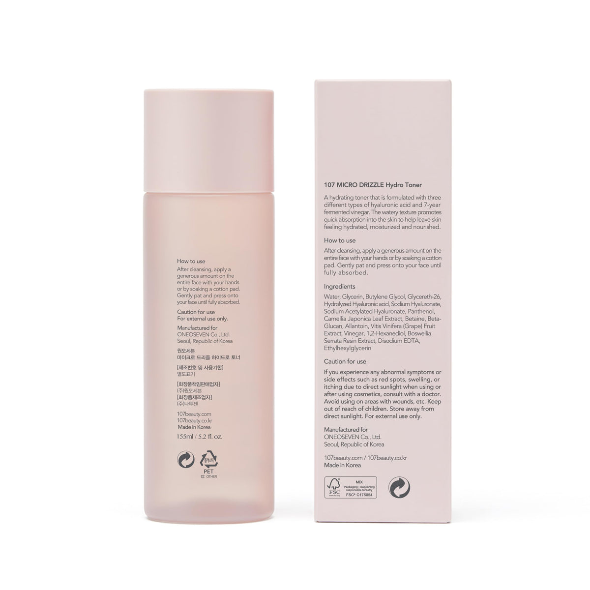 107 Hyaluronic Acid Toner packaging uses 50% PCR eco-friendly container.