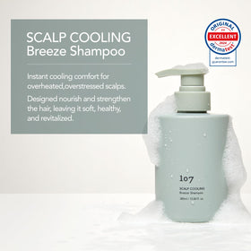 107 Scalp Cooling Breeze Shampoo bottle back label detailing gentle ingredients for daily use.