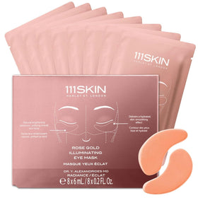 111SKIN Rose Gold Illuminating Eye Mask packaging showcases premium branding and luxury skincare.