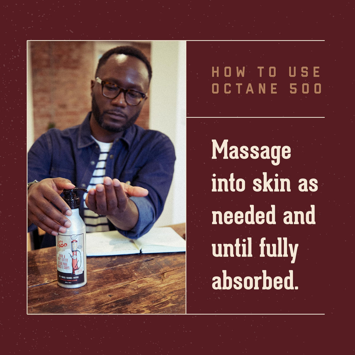 Hands applying Octane 500 Sweet Tobacco lotion to demonstrate quick absorption