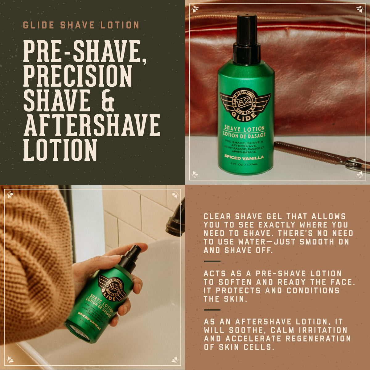 18.21 Man Made Clear Shaving Gel bottle-angle-side shows steady glide and control.