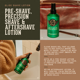 18.21 Man Made Clear Shaving Gel bottle-angle-side shows steady glide and control.