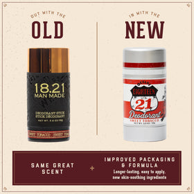18.21 Man Made deodorant stick Sweet Tobacco closeup emphasizes premium ingredients.