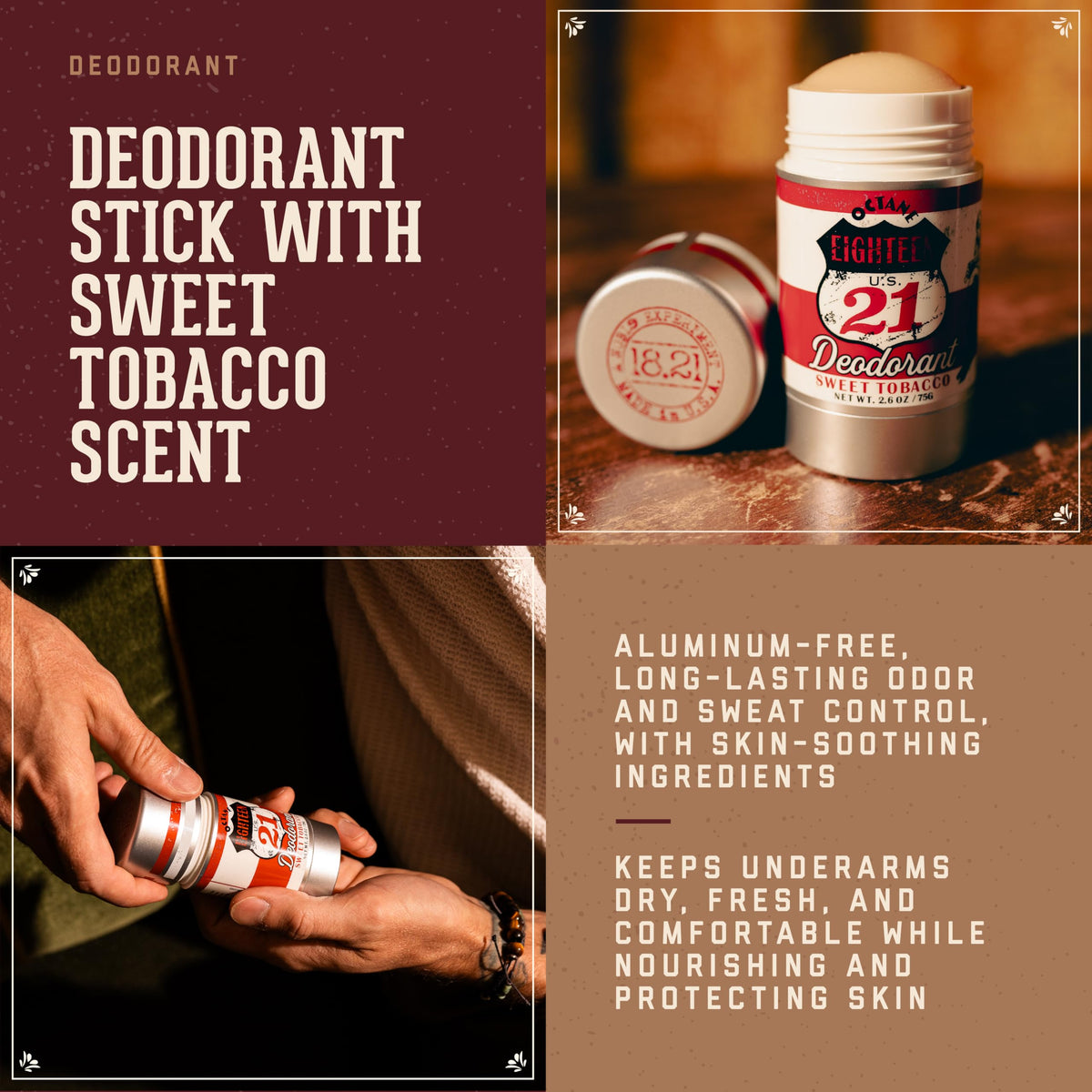 18.21 Man Made deodorant stick Sweet Tobacco texture shows quick-dry, non-staining formula.