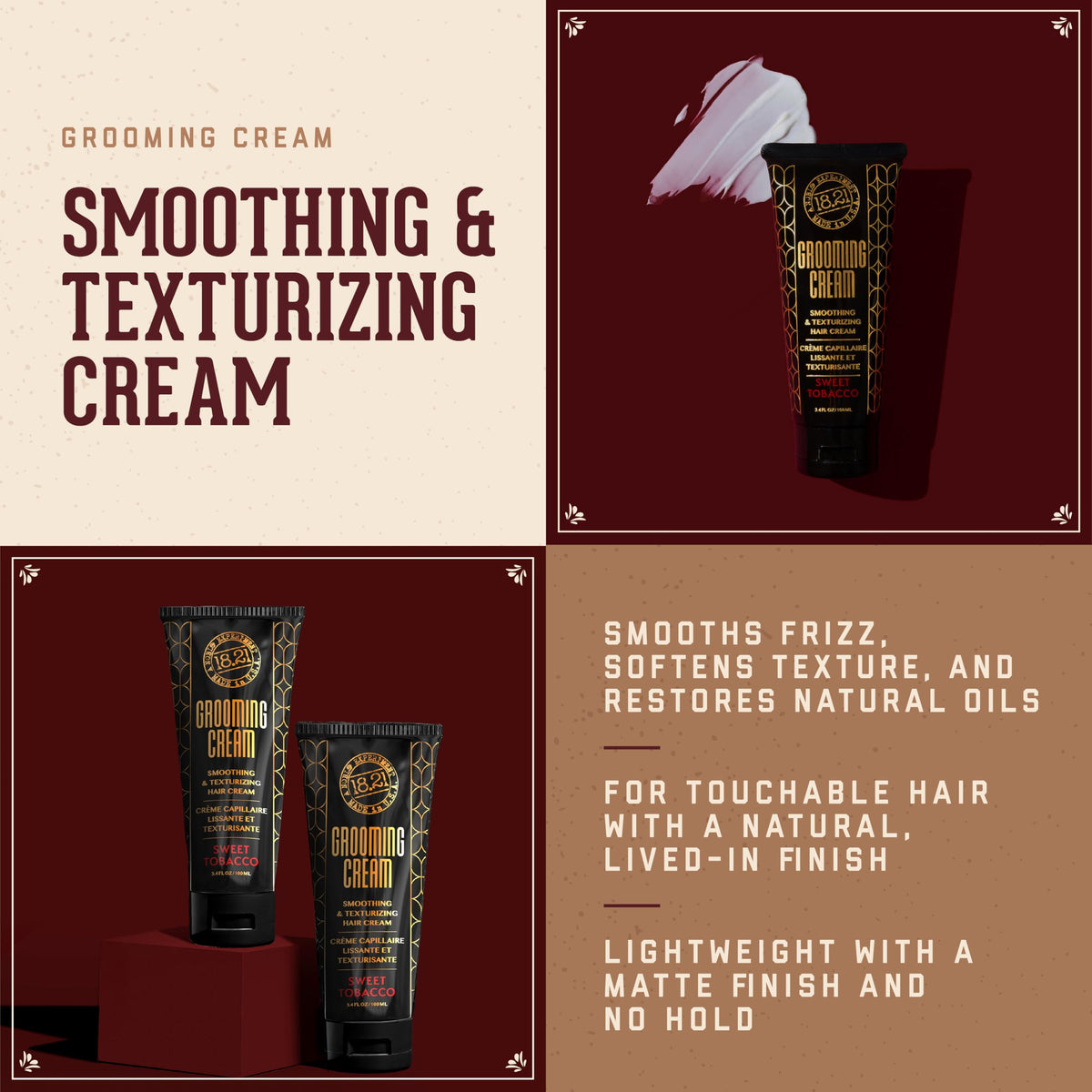 18.21 Man Made Grooming Cream frizz-control for tame, touchable hair.