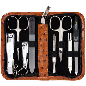 3 Swords Germany eight piece manicure set in brown ostrich leather case for travel and daily care