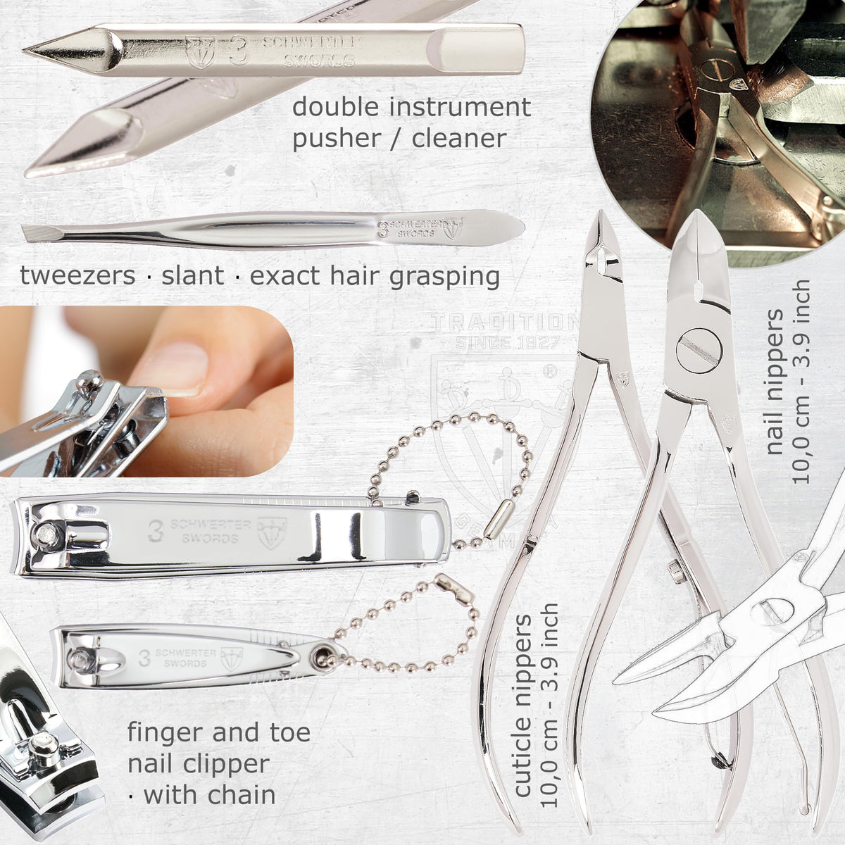 3 Swords cuticle nipper for clean edge trimming.